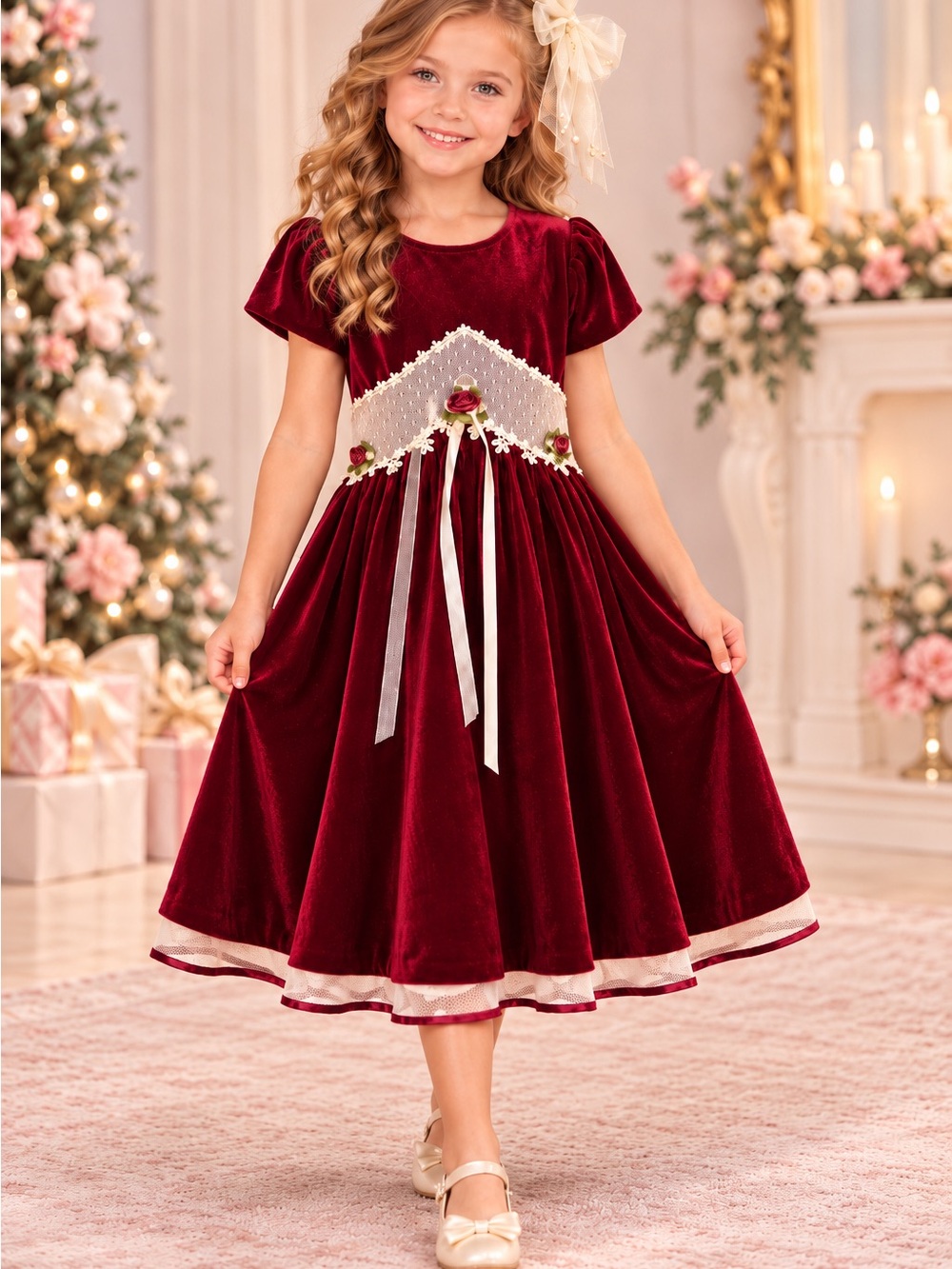 Rare Editions Girls 6 Burgundy Velvet Lace Rose Dress + Bow Holiday Formal